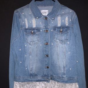 Light blue Jean jacket with pearl and lace detail